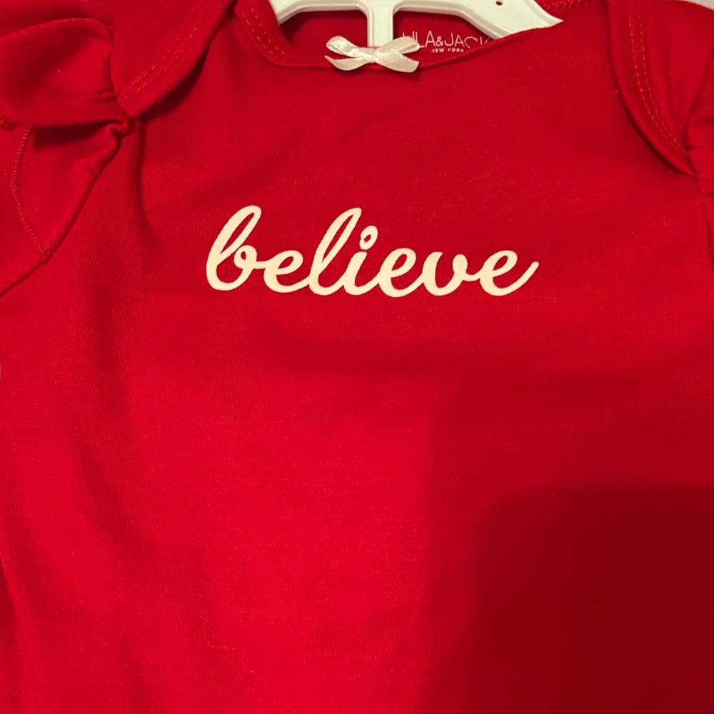 Red Winter Holiday Christmas “believe” Baby Onesie with Striped Pants and Bow